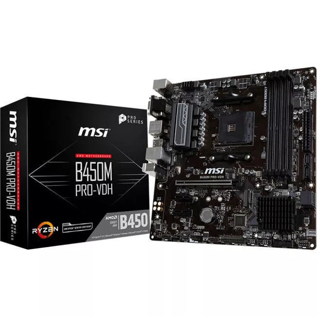 MSI B450PROVDH Desktop Motherboard - 1x Socket AM4 - AMD B450 - 4x DDR4 - RAID - 1x M.2 - 1x PCIe x16 - Micro ATX