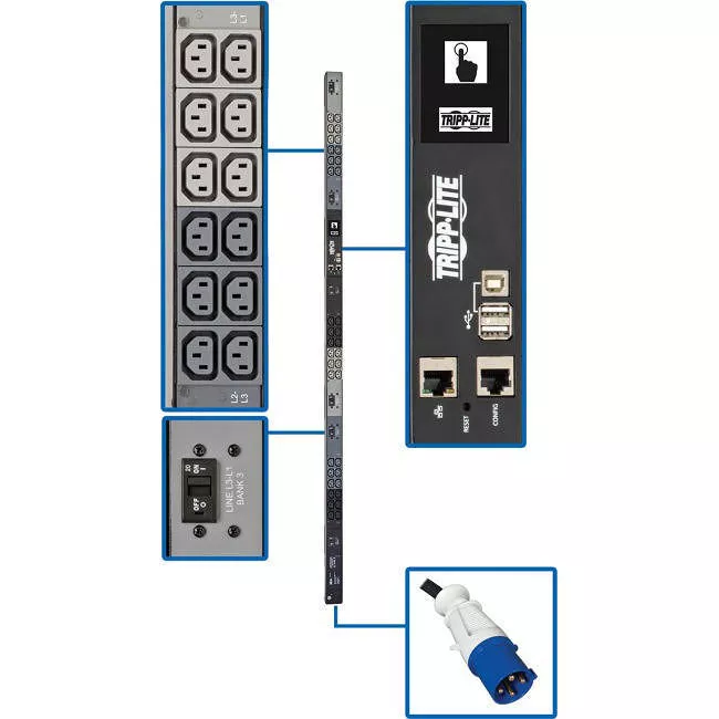 Tripp Lite PDU3EVN6G60C PDU 18.7kW 200-240V 3PH Monitored PDU - LX Interface Gigabit 36 C13 Outlets IEC 309 60A Blue Input LCD 1.8 m Cord 0U 1.8 m Height TAA