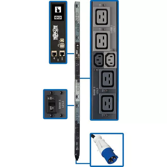 Tripp Lite PDU3EVSR6G60A PDU 16.2kW 208V 3PH Switched PDU - LX Interface Gigabit 18 Outlets IEC 309 60A Blue Input Outlet Monitoring LCD 1.8 m Cord 0U 1.8 m Height TAA