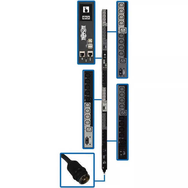 Tripp Lite PDU3EVS6H50 PDU 14.5kW 200-240V 3PH Switched PDU - LX Interface Gigabit 30 Outlets Hubbell 50A CS8365C Input LCD 1.8 m Cord 0U 1.8 m Height TAA