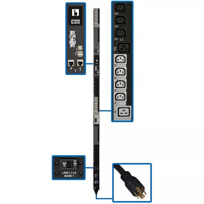 Tripp Lite PDU3EVS6L2130 PDU 10kW 200-240V 3PH Switched PDU LX Interface Gigabit 30 Outlets L21-30P Input LCD 1.8 m Cord 0U 1.8 m Height TAA