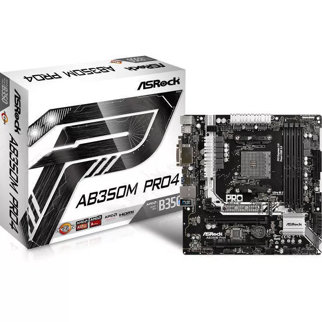 ASRock AB350M PRO4 Desktop Motherboard - 1x Socket AM4 - AMD B350 - 4x DDR4 - RAID - 2x M.2 - 2x PCIe x16 - Micro ATX