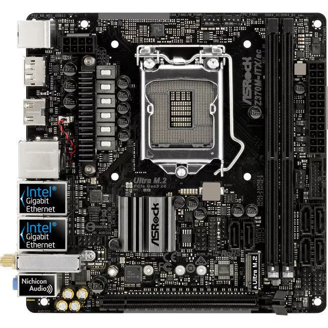 ASRock Z370M-ITX/AC Desktop Motherboard - 1x Socket H4 LGA-1151 - Intel Z370 - 8x DDR4 - RAID - 1x M.2 - 1x PCIe x16 - Wi-Fi - Mini ITX