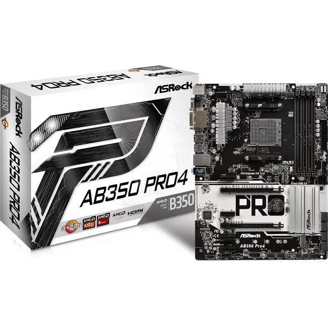 ASRock AB350 PRO4 Desktop Motherboard - 1x Socket AM4 - AMD B350 - 4x DDR4 - RAID - 2x M.2 - 2x PCIe x16 - ATX
