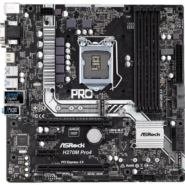 ASRock H270M-PRO4 Desktop Motherboard - 1x Socket H4 LGA-1151 - Intel H270 - 4x DDR4 - RAID - 2x M.2 - 2x PCIe x16 - Micro ATX