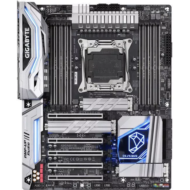 GIGABYTE X299 DESIGNARE EX Desktop Motherboard - 1x Socket R4 LGA-2066 - Intel X299 - 8x DDR4 - RAID - 3x M.2 - 5x PCIe x16 - Wi-Fi - ATX