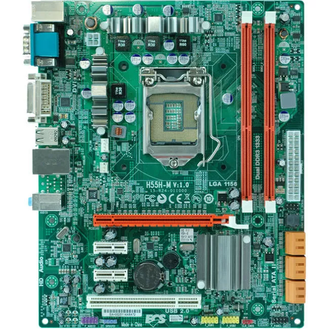 ECS H55H-M Desktop Motherboard - 1x Socket H LGA-1156 - Intel H55 Express - 2x DDR3 - 1x PCIe x16 - 1x RJ-45 - Micro ATX