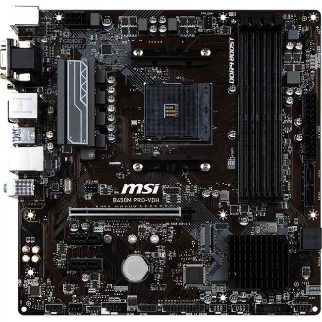 MSI B450M PRO VDH Desktop Motherboard - 1x Socket AM4 - AMD B450 - 4x DDR4 - RAID - 1x M.2 - 1x PCIe x16 - Micro ATX