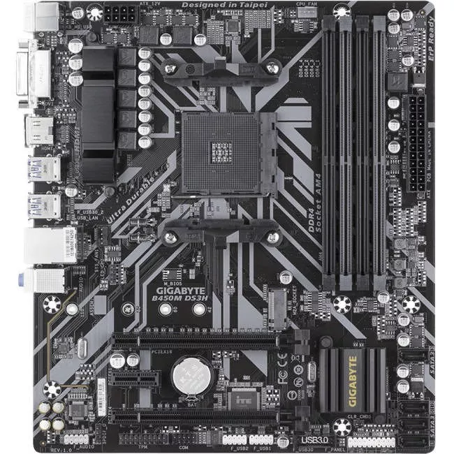 GIGABYTE B450M DS3H Desktop Motherboard - 1x Socket AM4 - AMD B450 - 4x DDR4 - RAID - 1x M.2 - 2x PCIe x16 - Micro ATX