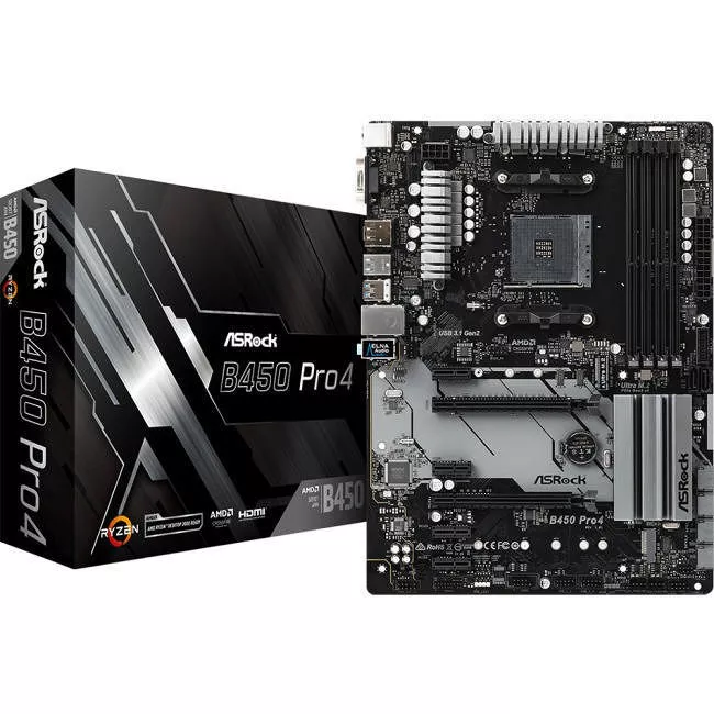 ASRock B450 PRO4 Desktop Motherboard - 1x Socket AM4 - AMD B450 - 4x DDR4 - RAID - 2x M.2 - 2x PCIe x16 - ATX