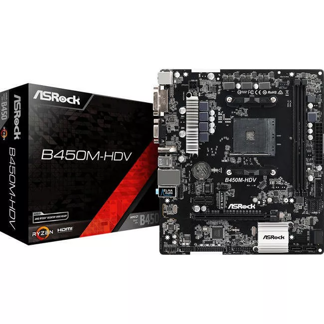 ASRock B450M-HDV Desktop Motherboard - 1x Socket AM4 - AMD B450 - 2x DDR4 - RAID - 1x M.2 - 1x PCIe x16 - Micro ATX