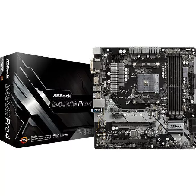 ASRock B450M PRO4 Desktop Motherboard - 1x Socket AM4 - AMD B450 - 4x DDR4 - RAID - 2x M.2 - 2x PCIe x16 - Micro ATX