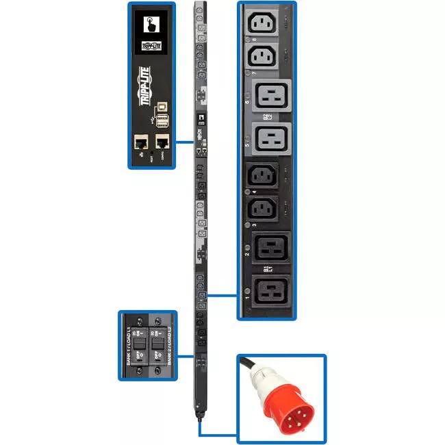 Tripp Lite PDU3XEVSR6G63A PDU 28.8kW 220-240V 3PH Switched PDU - LX Interface Gigabit 24 Outlets IEC 309 63A Red 380-415V Input Outlet Monitoring LCD 1.8 m Cord 0U 1.8 m Height TAA