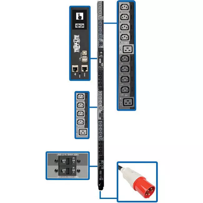 Tripp Lite PDU3XEVSR6G63B PDU 28.8kW 220-240V 3PH Switched PDU - LX Interface Gigabit 30 Outlets IEC 309 63A Red 380-415V Input LCD 1.8 m Cord 0U 1.8 m Height TAA