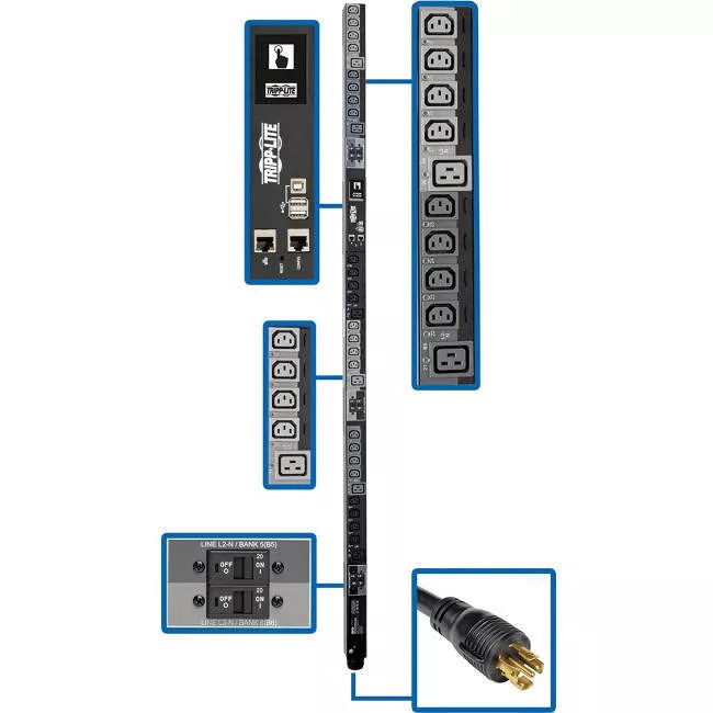 Tripp Lite PDU3XEVSR6L230B PDU 17.3kW 220-240V 3PH Switched PDU - LX Interface Gigabit 30 Outlets L22-30P 380-415V Input LCD 1.8 m Cord 0U 1.8 m Height TAA