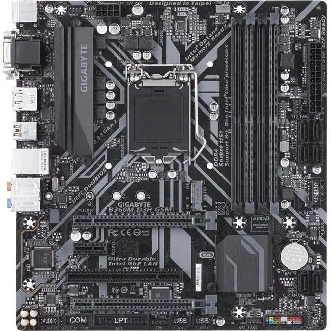 GIGABYTE B360M-D3H-GSM Desktop Motherboard - 1x Socket H4 LGA-1151 - Intel B360 - 4x DDR4 - 1x M.2 - 2x PCIe x16 - Micro ATX