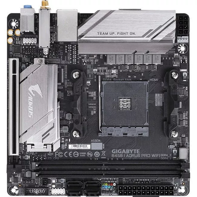 GIGABYTE B450 I AORUS PRO WIFI Desktop Motherboard - 1x Socket AM4 - AMD B450 - 2x DDR4 - RAID - 1x M.2 - 1x PCIe x16 - Wi-Fi - Mini ITX