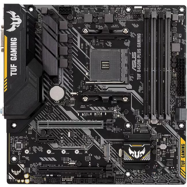 ASUS TUFB450MPLUSGAMING Desktop Motherboard - 1x Socket AM4 - AMD B450 - 4x DDR4 - RAID - 1x M.2 - 2x PCIe x16 - Micro ATX