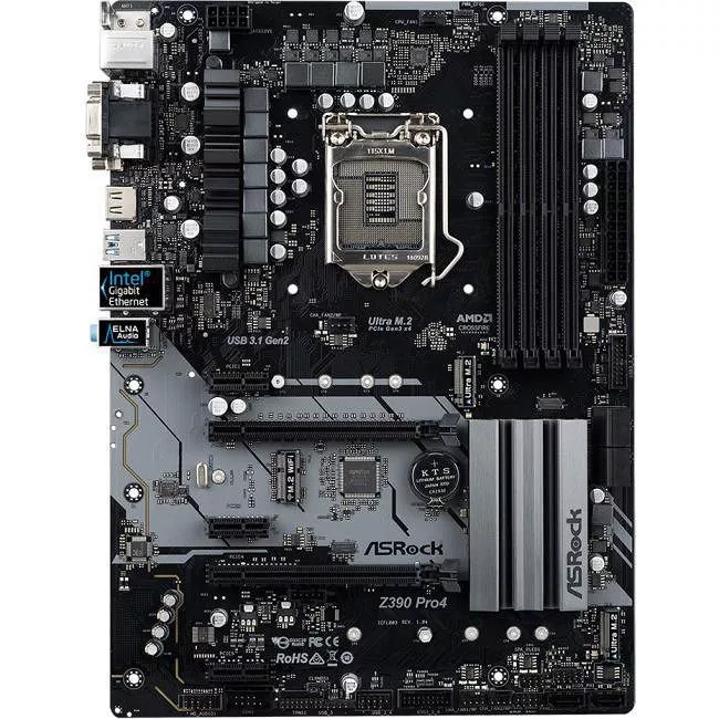 ASRock Z390 PRO4 Desktop Motherboard - 1x Socket H4 LGA-1151 - Intel Z390 - 4x DDR4 - RAID - 3x M.2 - 2x PCIe x16 - ATX