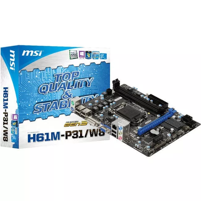 MSI H61M-P31/W8 Desktop Motherboard - 1x Socket H2 LGA-1155 - Intel H61(B3) Express - 2x DDR3 - No - 1x PCIe x16 - 1x RJ-45 - Micro ATX