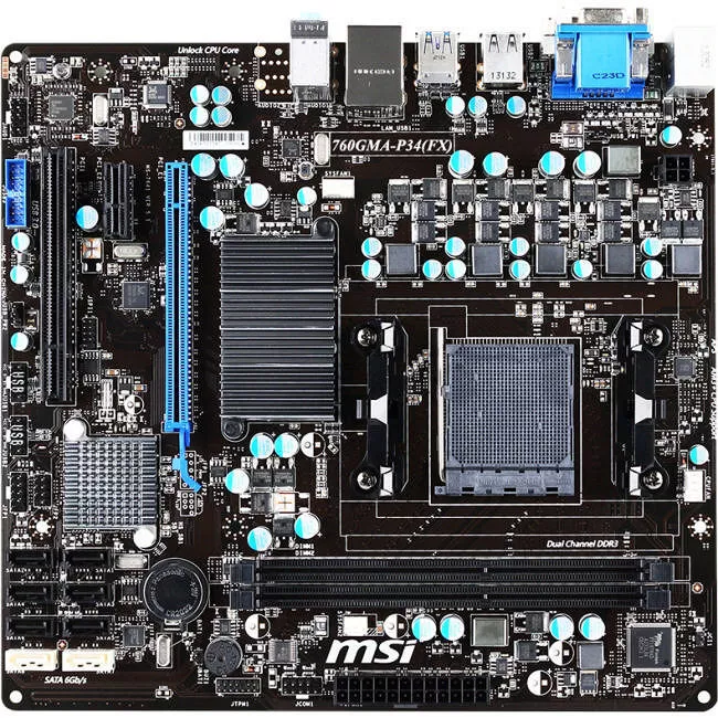 MSI 760GMA-P34 (FX) Desktop Motherboard - Socket AM3+ - Intel 760G - 2x DDR3 - RAID - 1x PCIe x16 - 1x RJ-45 - Micro ATX