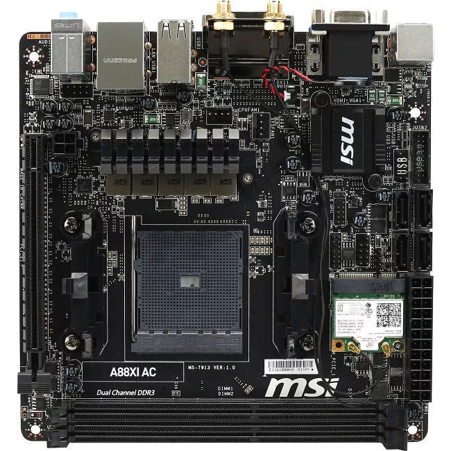 MSI A88XI AC Desktop Motherboard - 1x Socket FM2+ - AMD A88X - 2x DDR3 - RAID - 1x PCIe x16 - Wi-Fi - 1x RJ-45 - Mini ITX