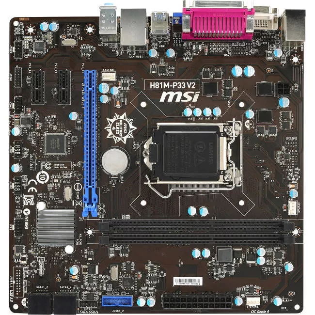 MSI H81M-P33 V2 Desktop Motherboard - 1x Socket H3 LGA-1150 - Intel H81 - 2x DDR3 - 1x PCIe x16 - 1x RJ-45 - Micro ATX