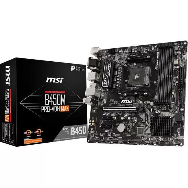 MSI B450PVDHMAX Desktop Motherboard - 1x Socket AM4 - AMD B450 - 4x DDR4 - RAID - 1x M.2 - 1x PCIe x16 - 1x RJ-45 - Micro ATX