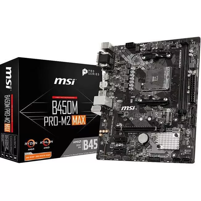MSI B450MPM2MAX Desktop Motherboard - 1x Socket AM4 - AMD B450 - 2x DDR4 - RAID - 1x M.2 - 1x PCIe x16 - 1x RJ-45 - Micro ATX
