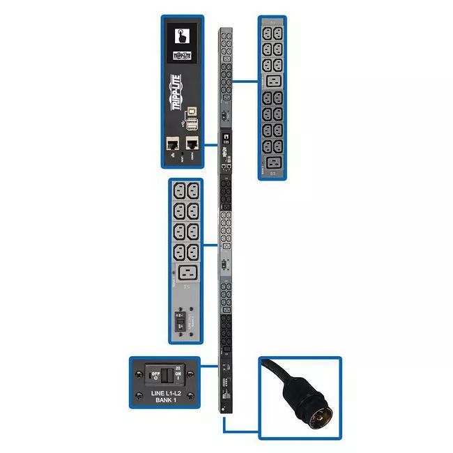 Tripp Lite PDU3EVN10H50B PDU 14.5kW 200-240V 3PH Monitored PDU - LX Interface Gigabit 48 Outlets Hubbell CS8365C Input LCD 3 m Cord 0U 1.8 m Height TAA