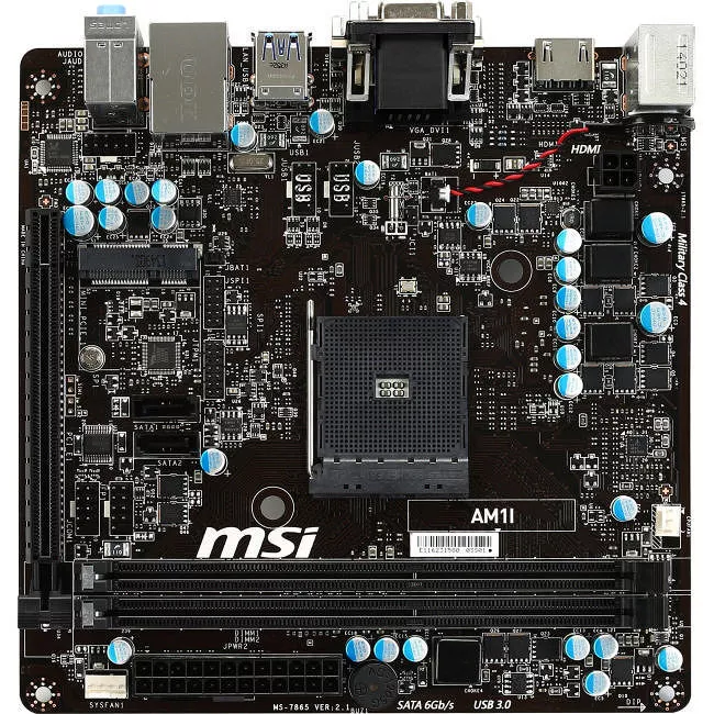 MSI AM1I Desktop Motherboard - 1x Socket AM1 - AMD 2x DDR3 - 1x PCIe x16 - 1x RJ-45 - Mini ITX