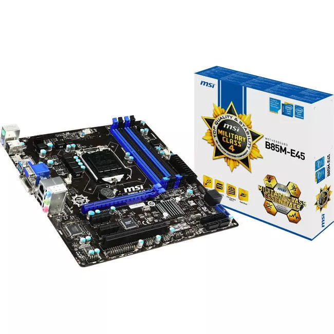 MSI B85M-E45 Desktop Motherboard - 1x Socket H3 LGA-1150 - Intel B85 Express - 4x DDR3 - 1x PCIe x16 - 1x RJ-45 - Micro ATX