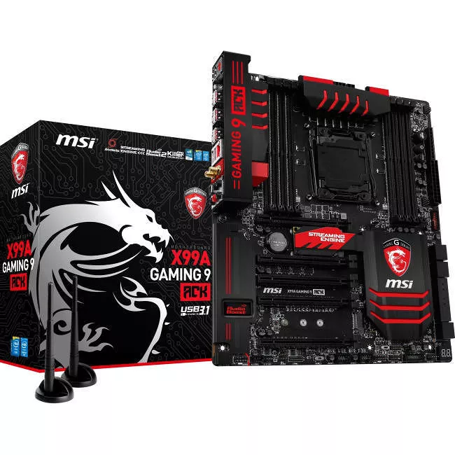 MSI X99A GAMING 9 ACK Desktop Motherboard - 1x Socket LGA 2011-v3 - Intel X99 - 4x DDR4 - RAID - 1x M.2 - 5x PCIe x16 - Wi-Fi - 1x RJ-45 - EATX