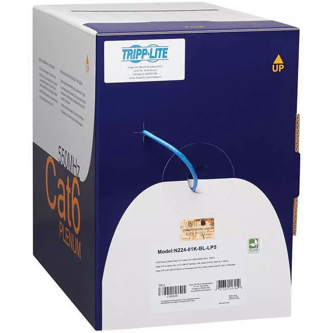 Tripp Lite N224-01K-BL-LP5 Eaton Tripp Lite Series Cat6 Gigabit Solid Core UTP Bulk Ethernet Cable, CMP-LP 0.5A Plenum, 100W PoE/PoE++, Blue, 1000 ft. (304.8 m)