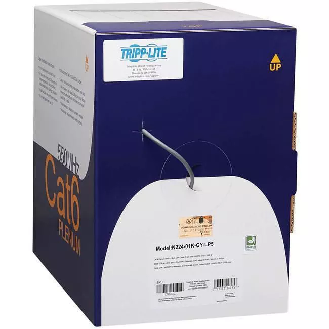 Tripp Lite N224-01K-GY-LP5 Eaton Tripp Lite Series Cat6 Gigabit Solid Core UTP Bulk Ethernet Cable, CMP-LP 0.5A Plenum, 100W PoE/PoE++, Gray, 1000 ft. (304.8 m)