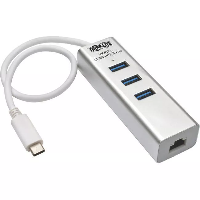 Tripp Lite U460-003-3A1G 3-Port USB 3.x (5Gbps) Hub with LAN Port USB-C to 3x USB-A Ports and Gigabit Ethernet Silver