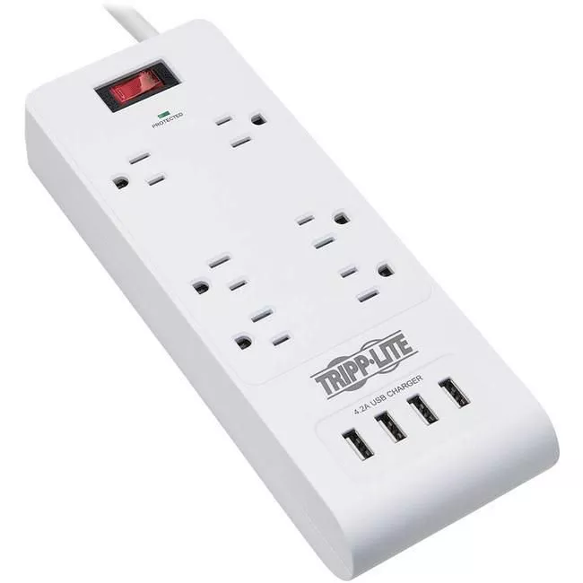 Tripp Lite TLP64USBRA15 Surge Protector - Power Strip - 6-Outlet - 4x USB-A Port - White 15 ft Cord