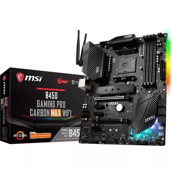 MSI B450GPCMAXWIFI Desktop Motherboard - 1x Socket AM4 - AMD B450 - 4x DDR4 - RAID - 2x M.2 - 2x PCIe x16 - Wi-Fi - 1x RJ-45 - ATX