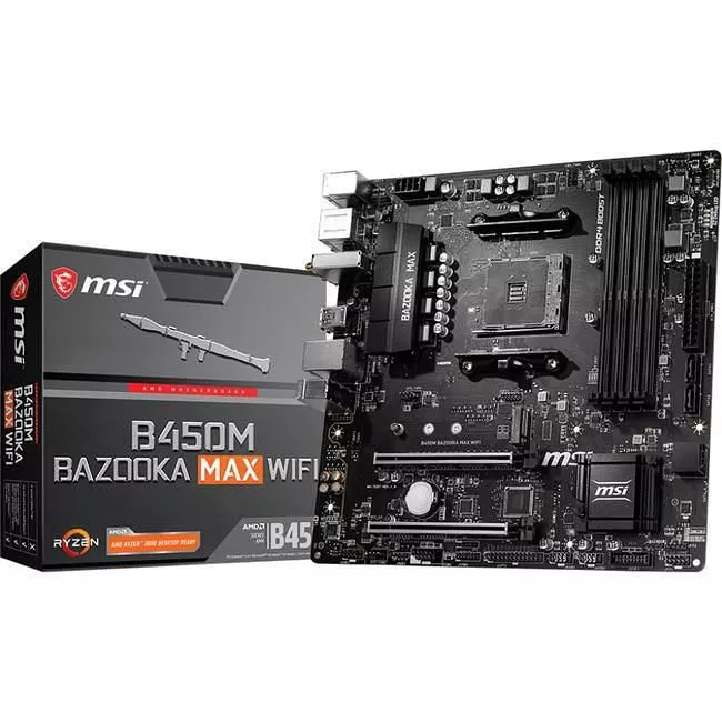 MSI B450MBMAXWI Desktop Motherboard - 1x Socket AM4 - AMD B450 - 4x DDR4 - RAID - 1x M.2 - 2x PCIe x16 - Wi-Fi - 1x RJ-45 - Micro ATX