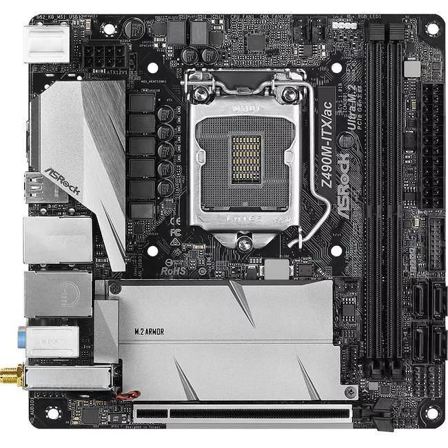 ASRock Z490M-ITX/AC Desktop Motherboard - 1x Socket LGA-1200 - Intel Z490 - 2x DDR4 - RAID - 3x M.2 - 1x PCIe x16 - Wi-Fi - 2x RJ-45 - Mini ITX