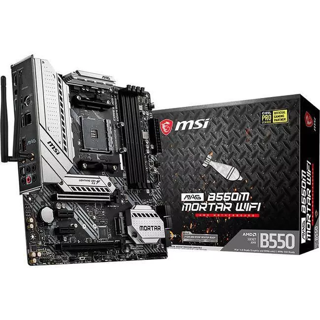 MSI B550MMORWIFI Desktop Motherboard - 1x Socket AM4 - AMD B550 - 4x DDR4 - RAID - 2x M.2 - 2x PCIe x16 - Wi-Fi - 1x RJ-45 - Micro ATX