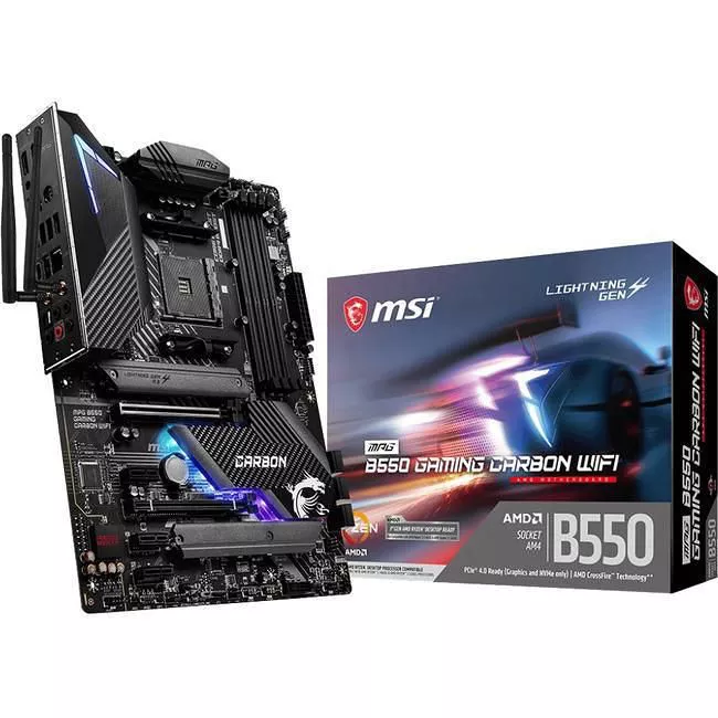 MSI B550GCARBWIFI Desktop Motherboard - 1x Socket AM4 - AMD B550 - 4x DDR4 - RAID - 2x M.2 - 2x PCIe x16 - Wi-Fi - 1x RJ-45 - ATX