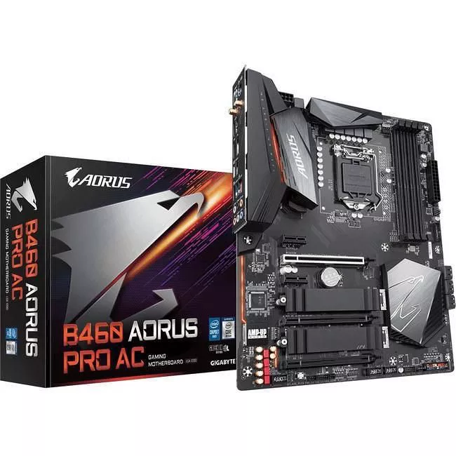 GIGABYTE B460 AORUS PRO AC Desktop Motherboard - 1x Socket LGA-1200 - Intel B460 - 4x DDR4 - RAID - 2x M.2 - 2x PCIe x16 - Wi-Fi - 1x RJ-45 - ATX