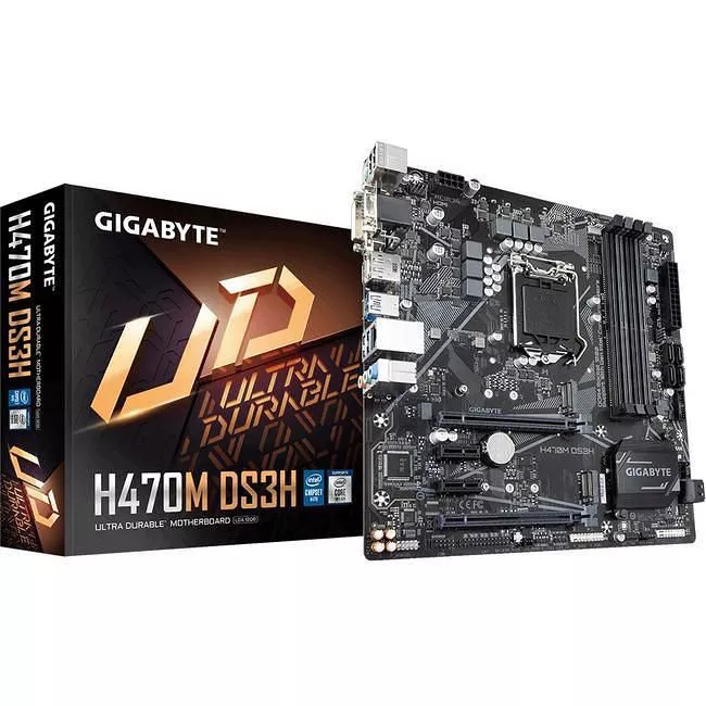 GIGABYTE H470M DS3H Desktop Motherboard - 1x Socket LGA-1200 - Intel H470 - 4x DDR4 - RAID - 2x M.2 - 2x PCIe x16 - 1x RJ-45 - Micro ATX