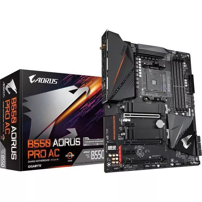 GIGABYTE B550 AORUS PRO AC Desktop Motherboard - 1x Socket AM4 - AMD B550 - 4x DDR4 - RAID - 2x M.2 - 3x PCIe x16 - Wi-Fi - 1x RJ-45 - ATX