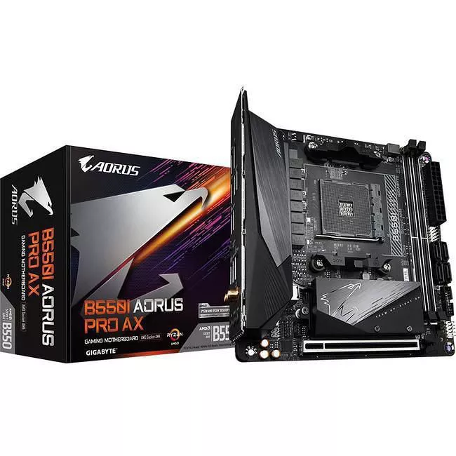 GIGABYTE B550I AORUS PRO AX Desktop Motherboard - 1x Socket AM4 - AMD B550 - 2x DDR4 - RAID - 2x M.2 - 1x PCIe x16 - Wi-Fi - 1x RJ-45 - Mini ITX
