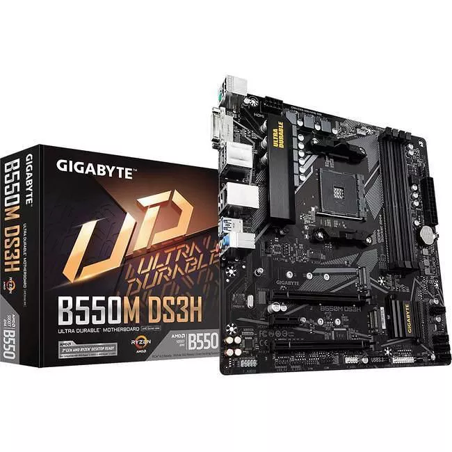 GIGABYTE B550M DS3H Desktop Motherboard - 1x Socket AM4 - AMD B550 - 2x DDR4 - RAID - 2x M.2 - 2x PCIe x16 - 1x RJ-45 - Micro ATX