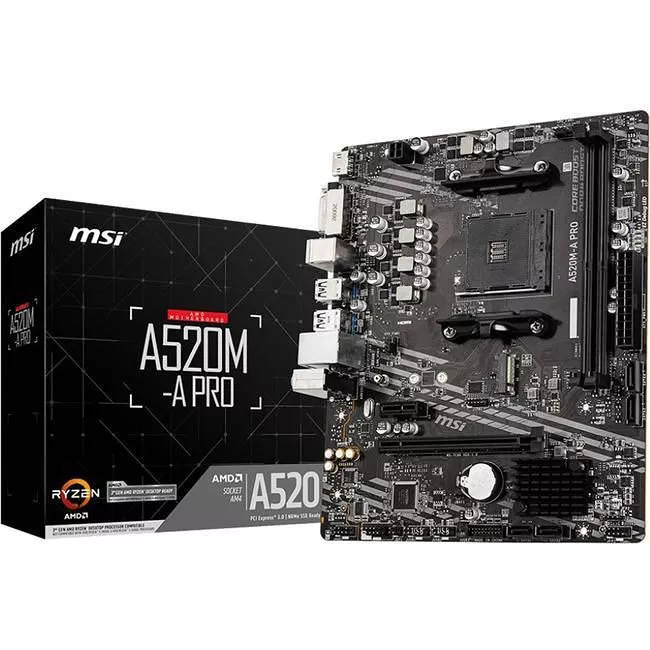 MSI A520MAPRO Desktop Motherboard - 1x Socket AM4 - AMD A520 - 2x DDR4 - RAID - 1x M.2 - 1x PCIe x16 - 1x RJ-45 - Micro ATX