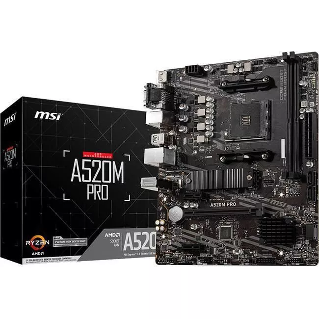 MSI A520MPRO Desktop Motherboard - 1x Socket AM4 - AMD A520 - 2x DDR4 - RAID - 1x M.2 - 1x PCIe x16 - 1x RJ-45 - Micro ATX