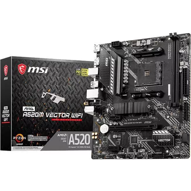 MSI A520VECTWIFI Desktop Motherboard - 1x Socket AM4 - AMD A520 - 2x DDR4 - RAID - 1x M.2 - 1x PCIe x16 - Wi-Fi - 1x RJ-45 - Micro ATX